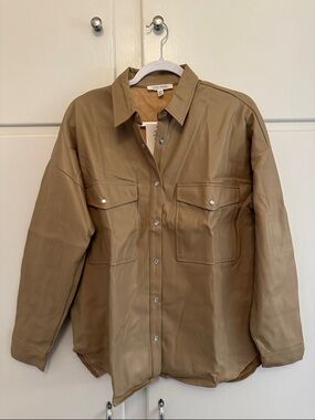 NWT 12th Tribe Vegan Leather Button Down Shirt Long Sleeve Beige